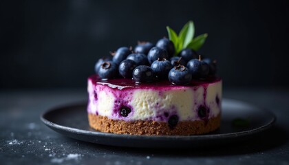 Fresh blueberry cheesecake with graham crust and blueberry topping on dark background, elegant dessert close-up, AI Generated
