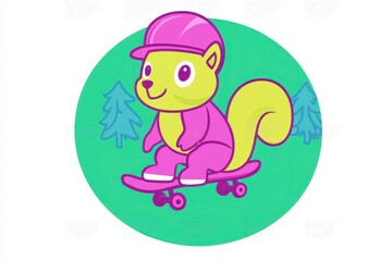 Naklejka premium Cheerful Cartoon Squirrel Skateboarding in Winter Wonderland