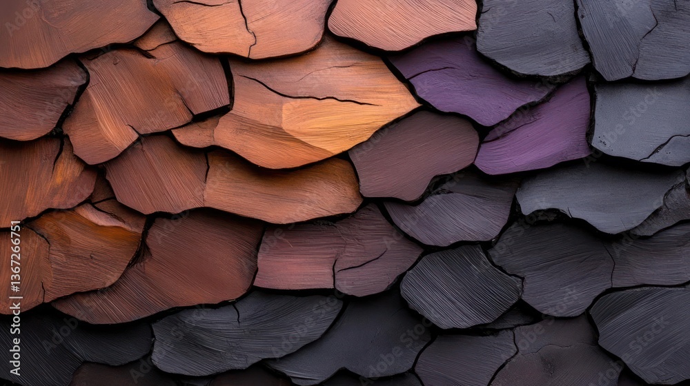 Poster Close-up view of an abstract textured wooden pattern. The image showcases a detailed arrangement of irregular shapes with color gradients. The surface presents a mix of warm and cool tones
