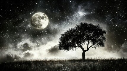 Silhouetted Tree Under a Bright Full Moon in a Starry Night Sky with Ethereal Atmosphere