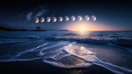 Stunning Night Seascape Featuring Moon Phases Over Calm Ocean Waves at Sunset