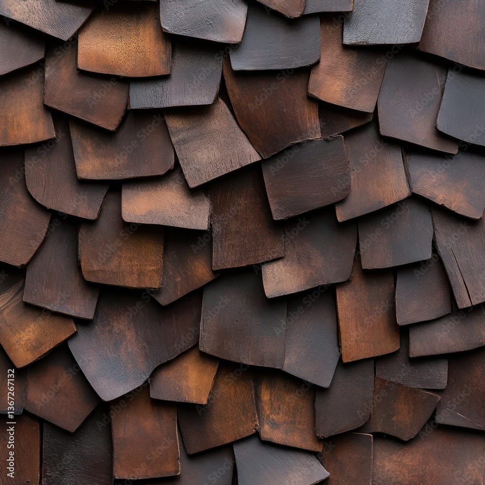 Poster Overlapping pattern of weathered wooden shingles with textured surfaces in shades of brown and black creating a rustic backdrop