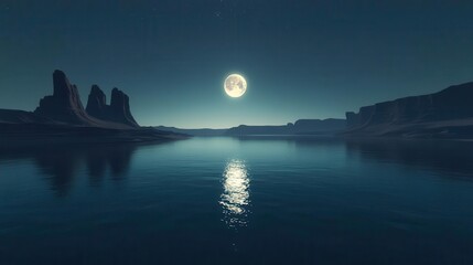 Tranquil Moonlit Landscape with Reflections on Water Surrounded by Silhouetted Rock Formations