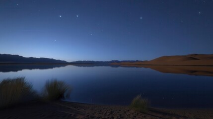 Tranquil Desert Night Landscape with Stars Reflecting on Calm Water at Dusk