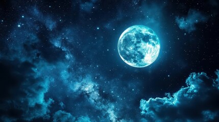 Stunning Night Sky Display with Bright Full Moon and Glittering Stars Above Dark Clouds