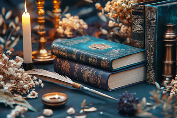 Ancient witch's altar with candles, old books, and ornate spell-casting tools, with a mystical and magical atmosphere
