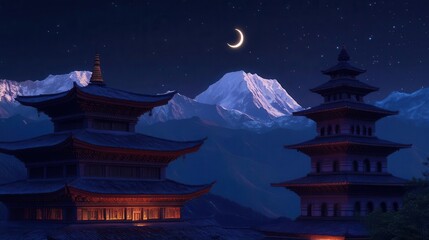 Stunning Night Landscape of Traditional Pagodas Against Majestic Mountains and Crescent Moon