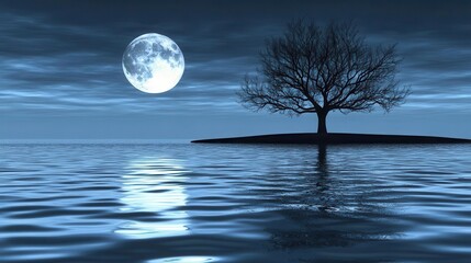 Solitary Tree Silhouetted Against Calm Water Under a Bright Full Moon at Night
