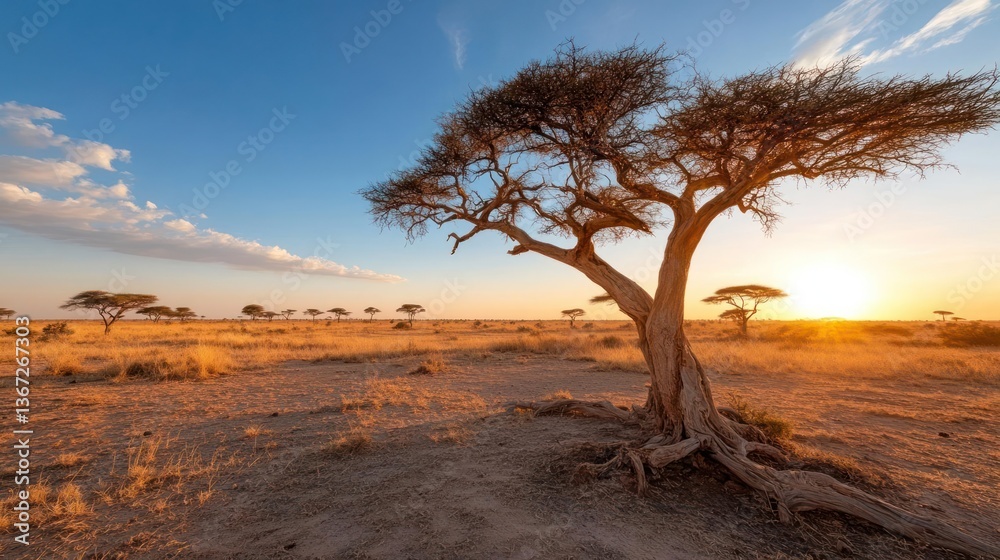 Aufkleber a solitary tree stands in a vast savanna under a warm sunset sky with other trees in the background