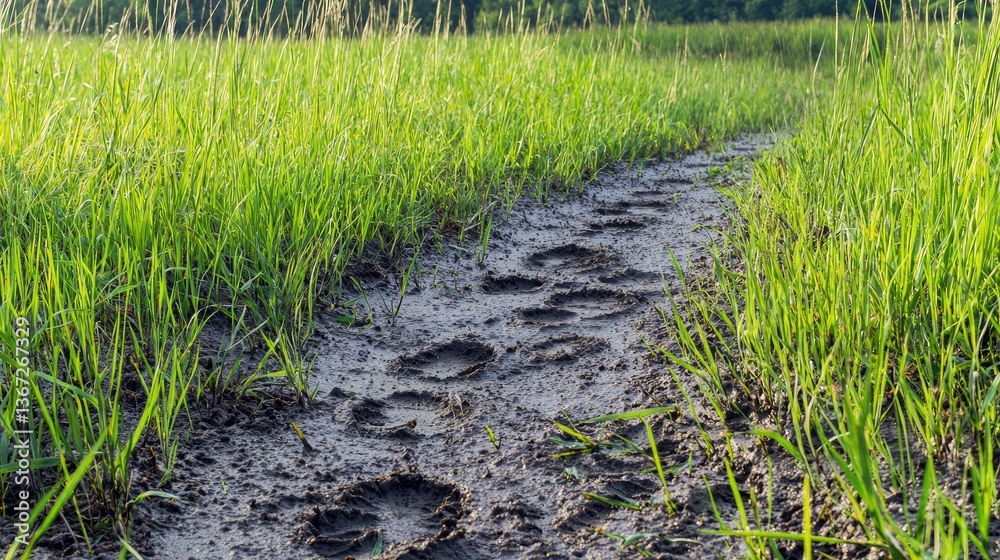 Poster rabbit footprints in mud, showing a trail through a green meadow with tall grass