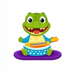 Obraz premium Cheerful Green Crocodile Playing Yellow Guitar on Purple Mat
