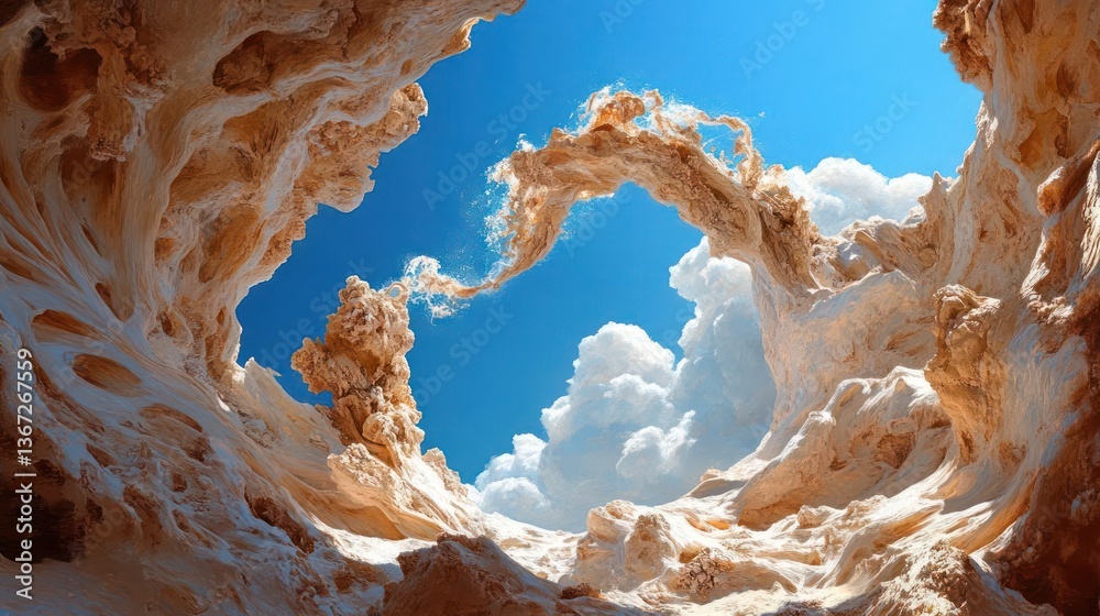 Poster abstract textured sandstone formation against bright blue sky with fluffy clouds creating a natural 