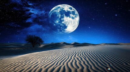 Stunning Full Moon Over Rippling Sand Dunes Under Starry Sky in a Desert Landscape