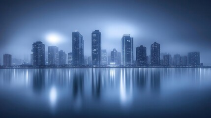 Tranquil Urban City Skyline at Night with Fog and Reflections over Water