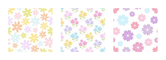 Trendy floral backgrounds with field small flowers. Seamless patterns for digital wallpaper and garment in liberty style. Spring floral banners, posters, cards, surfaces, covers. Vector template