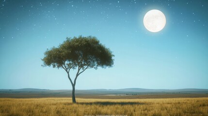 A solitary tree under a bright moon in a serene landscape.