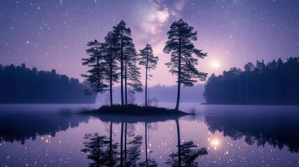 Starry Night Sky with Reflection of Silhouetted Trees on Serene Water in a Tranquil Landscape
