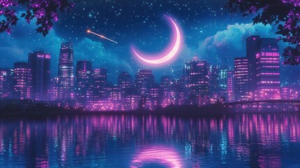 Vibrant City Skyline Under Starry Night Sky with Crescent Moon and Reflections on Water