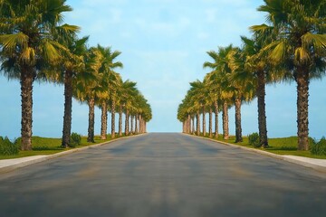 Summer tropical background of road with palms and day time. A palm trees in long perspective. empty lined roadway. sunny hot landscape walkway with tree trunks by side. nature transportation backdrop