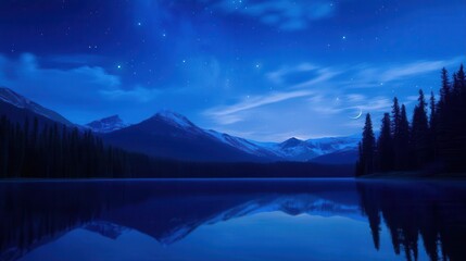 Starry Night Sky Over Mountain Lake Reflecting Stars and Timber Forest in Tranquil Setting