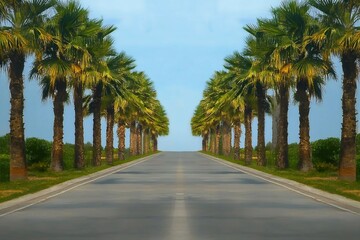 Fototapeta premium Summer tropical background of road with palms and day time. A palm trees in long perspective. empty lined roadway. sunny hot landscape walkway with tree trunks by side. nature transportation backdrop