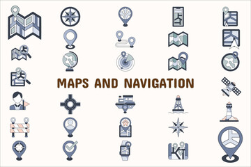 Maps and Navigation Lineal Color Vector Illustration Icon Sticker Set Design Materials