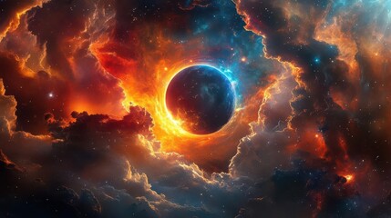 Vibrant Cosmic Nebula with Central Black Sphere Surrounded by Colorful Stellar Clouds