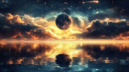 Stunning Celestial Scene with a Planet and Stars Reflecting on Ocean Waters at Night