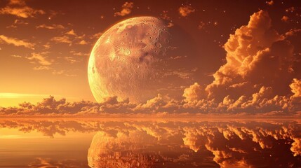Vibrant Moonlit Sunset Over Tranquil Water with Dramatic Clouds and Golden Reflections