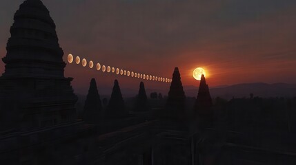 Stunning Sunset Over Ancient Temple Silhouettes With Mountainous Horizon and Tranquil Atmosphere