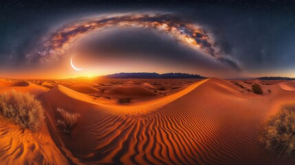 Stunning Desert Landscape Under a Starry Sky with a View of the Milky Way and Cresent Moon at Sunset