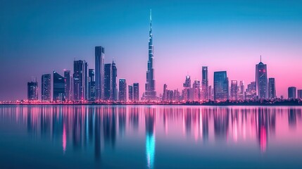 Vibrant City Skyline Reflection at Dusk with Illuminated Modern Architecture and Water