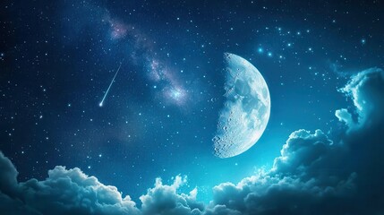 Stunning Night Sky with Half Moon and Shimmering Stars Illuminating Serene Clouds