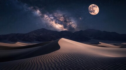 Stunning Desert Landscape Under A Bright Moon With Visible Milky Way And Starry Night Sky