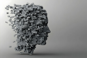Digital Abstract Head Profile In Grey Tones Illustrating AI And Technology