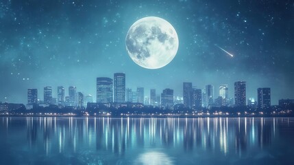 Stunning City Skyline Under A Bright Full Moon With Stars and Reflection on Water at Night