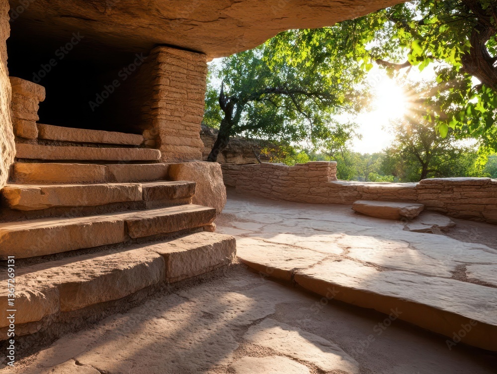 Aufkleber Stone steps leading to an open-air area with sunlight streaming through trees, creating shadows and highlights, ancient structure
