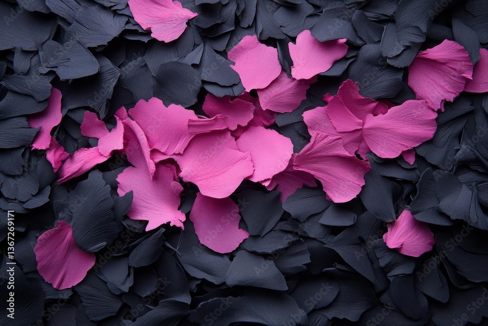 Aufkleber close up abstract pattern of dark textile with scattered pink petal-shaped fabric pieces creating a 