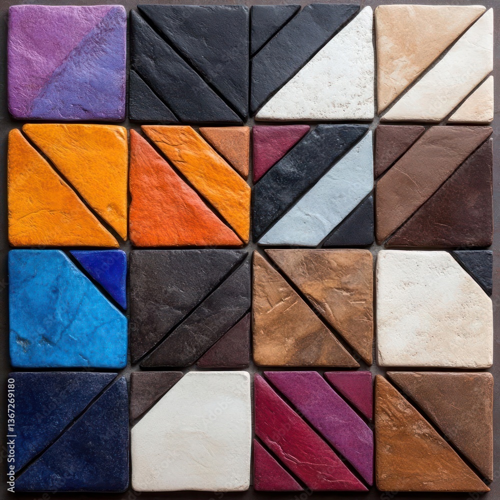 Poster Overhead shot of sixteen square tiles arranged in a grid. Each tile features a diagonal split with two distinct colors and textures creating a geometric pattern