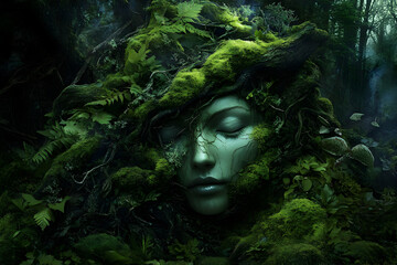 Dreamlike Portrait Of Woman Merged With Forest And Green Moss