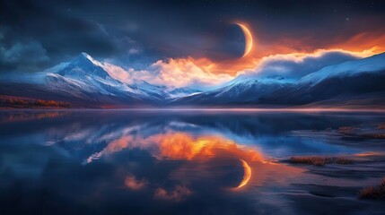 Stunning Twilight Landscape with Crescent Moon and Reflections on Calm Lake Surrounded by Mountains