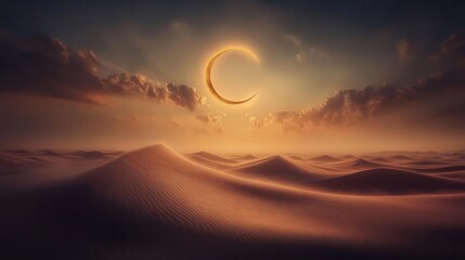 Surreal Desert Landscape Featuring Dunes Under a Crescent Moon at Sunset with Dramatic Skies