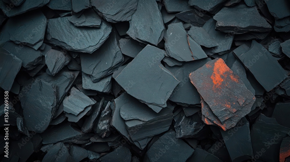 Poster Overhead shot of fragmented dark grey and red material arranged in a textured pattern creating abstract surface detail. The rough angular shapes create a graphic composition