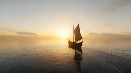 Majestic historic sailing warship glowing under the warm light of a breathtaking sunset casting a serene reflection on the calm ocean waters