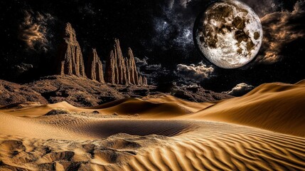 Stunning Desert Landscape Under a Full Moon with Glittering Stars and Rolling Sand Dunes