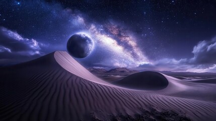 Stunning Cosmic Landscape of Sand Dunes Under a Starry Night Sky with a Visible Planet