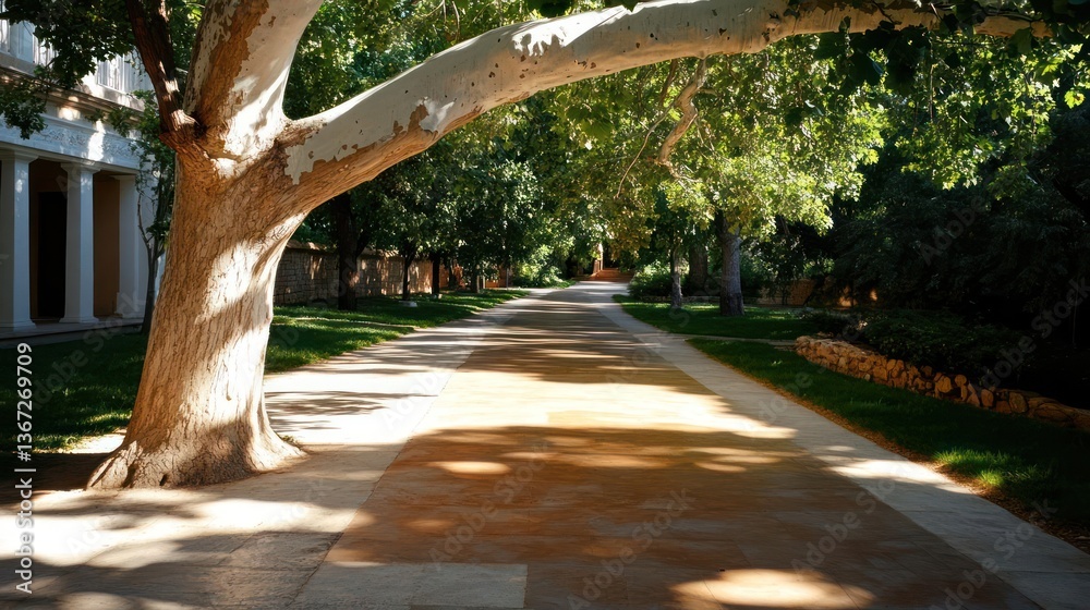 Aufkleber Pathway through a lush park with sunlight filtering through the trees creating dappled shadows on the ground. The path is flanked by greenery and a tree with white trunk