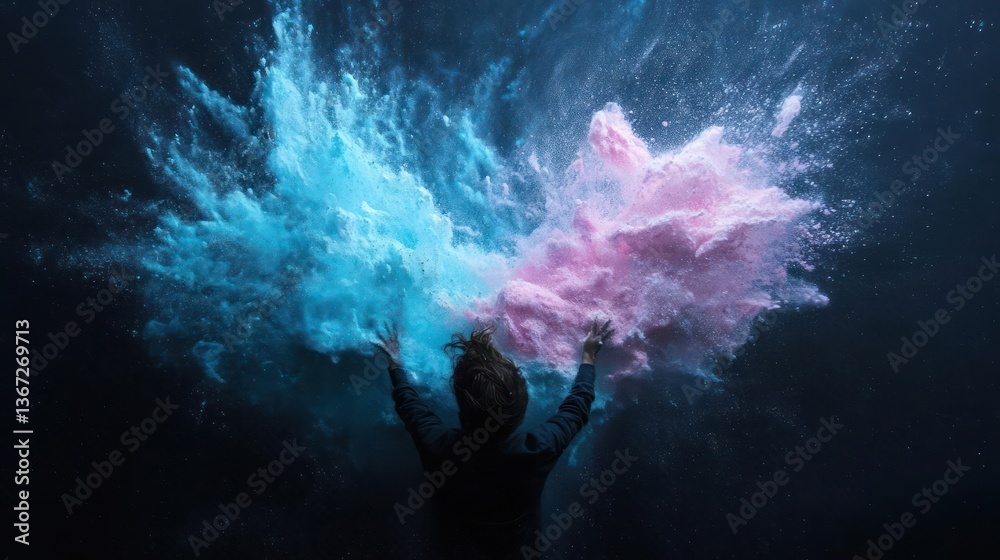Fototapete Silhouette of a person with arms raised amidst exploding clouds of blue and pink powder against a dark background creating dynamic abstract forms