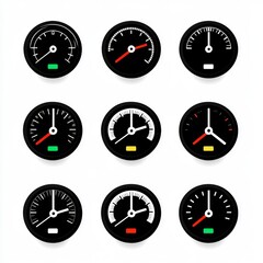 Automotive gauge set, various types, isolated on white, showing different readings. Possible use for educational materials, instruction manuals, or design templates
