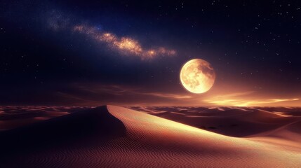 Stunning Desert Landscape Under Starry Sky with Illuminated Sand Dunes and Bright Moon